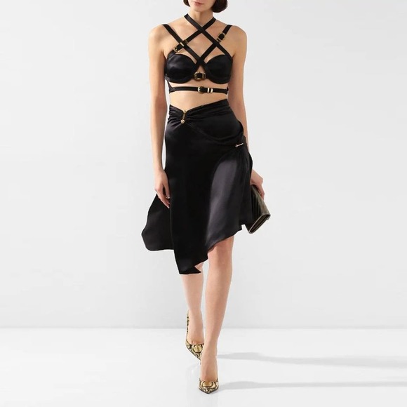 Versace Fall 2019 Runway Black Silk Satin Cage Bra Cropped Bondage Top 42 - Picture 14 of 15